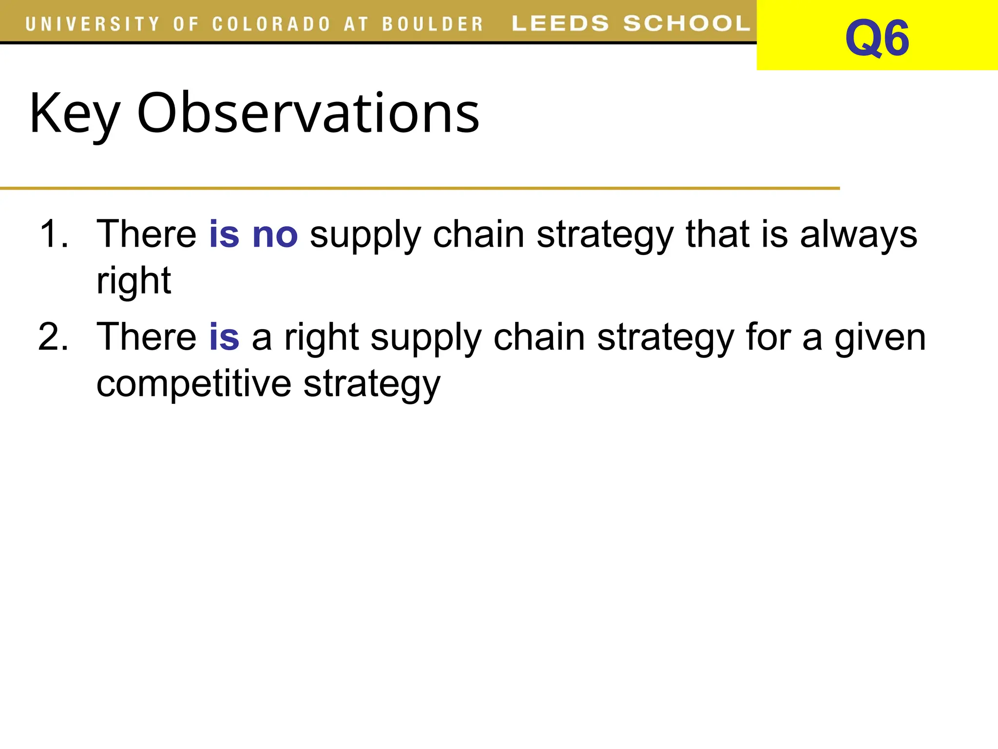 Key Observations
1. There is no supply chain strategy that is always
right
2. There is a right supply chain strategy for a given
competitive strategy
Q6
 