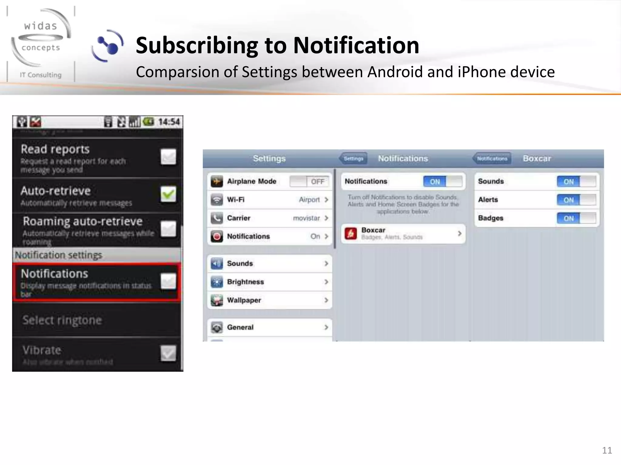 11
Subscribing to Notification
Comparsion of Settings between Android and iPhone device
 