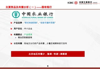 主要竞品及传播分析（一）——国有银行产品品牌：“简式快速贷款”、“自助可循环贷款”用户定位：中小企业传播要点：产品信息增加贷款额度等以往传播：各地方分行的产品传播，少量区域媒体进行发布北京地区传播少，强调 : 快速 \ 高额度