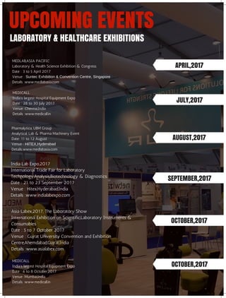 UPCOMING EVENTS
LABORATORY & HEALTHCARE EXHIBITIONS
MEDLAB,ASIA PACIFIC
Laboratory & Health Science Exhibition & Congress
Date : 3 to 5 April 2017
Venue : Suntec Exhibition & Convention Centre, Singapore
Details :www.medlabasia.com
India Lab Expo,2017
International Trade Fair for Laboratory
Technology,Analysis,Biotechnology & Diagnostics
Date : 21 to 23 September 2017
Venue : Hitex,Hyderabad,India
Details :www.indialabexpo.com
Asia Labex,2017, The Laboratory Show
International Exhibition on Scientific,Laboratory Instruments &
Consumables
Date : 5 to 7 October 2017
Venue : Gujrat University Convention and Exhibition
Centre,Ahemdabad,Gujrat,India
Details :www.asialabex.com
APRIL,2017
JULY,2017
AUGUST,2017
SEPTEMBER,2017
OCTOBER,2017
OCTOBER,2017
MEDICALL
India's largest Hospital Equipment Expo
Date : 28 to 30 July 2017
Venue :Chennai,India
Details :www.medicall.in
Pharmalytica, UBM Group
Analytical, Lab & Pharma Machinery Event
Date: 11 to 12 August
Venue : HITEX,Hyderabad
Details:www.medlabasia.com
MEDICALL
India's largest Hospital Equipment Expo
Date : 6 to 8 October,2017
Venue :Mumbai,India
Details :www.medicall.in
 