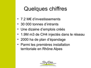 Quelques chiffres
• 7.2 M€ d’investissements
• 30 000 tonnes d’intrants
• Une dizaine d’emplois créés
• 1.9M m3 de CH4 injectés dans le réseau
• 2000 ha de plan d’épandage
• Parmi les premières installation
territoriale en Rhône Alpes
 