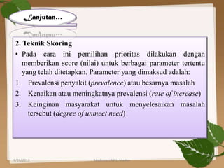 2. Teknik Skoring
• Pada cara ini pemilihan prioritas dilakukan dengan
memberikan score (nilai) untuk berbagai parameter tertentu
yang telah ditetapkan. Parameter yang dimaksud adalah:
1. Prevalensi penyakit (prevalence) atau besarnya masalah
2. Kenaikan atau meningkatnya prevalensi (rate of increase)
3. Keinginan masyarakat untuk menyelesaikan masalah
tersebut (degree of unmeet need)
Lanjutan…
9/26/2013 20Medicine UMSU Medan
 