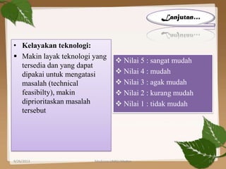 • Kelayakan teknologi:
 Makin layak teknologi yang
tersedia dan yang dapat
dipakai untuk mengatasi
masalah (technical
feasibilty), makin
diprioritaskan masalah
tersebut
 Nilai 5 : sangat mudah
 Nilai 4 : mudah
 Nilai 3 : agak mudah
 Nilai 2 : kurang mudah
 Nilai 1 : tidak mudah
Lanjutan…
9/26/2013 24Medicine UMSU Medan
 