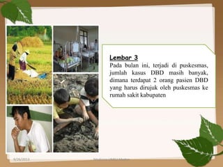 Lembar 3
Pada bulan ini, terjadi di puskesmas,
jumlah kasus DBD masih banyak,
dimana terdapat 2 orang pasien DBD
yang harus dirujuk oleh puskesmas ke
rumah sakit kabupaten
9/26/2013 3Medicine UMSU Medan
 
