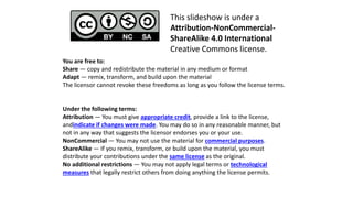 You are free to:
Share — copy and redistribute the material in any medium or format
Adapt — remix, transform, and build upon the material
The licensor cannot revoke these freedoms as long as you follow the license terms.
This slideshow is under a
Attribution-NonCommercial-
ShareAlike 4.0 International
Creative Commons license.
Under the following terms:
Attribution — You must give appropriate credit, provide a link to the license,
andindicate if changes were made. You may do so in any reasonable manner, but
not in any way that suggests the licensor endorses you or your use.
NonCommercial — You may not use the material for commercial purposes.
ShareAlike — If you remix, transform, or build upon the material, you must
distribute your contributions under the same license as the original.
No additional restrictions — You may not apply legal terms or technological
measures that legally restrict others from doing anything the license permits.
 