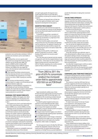 June 8, 2012 Mining Journal 23www.mining-journal.comwww.mining-journal.com
production costs and the latter contributes 5-20% of
the final costs of products such as automobiles or
buildings;
■ Excluding China, iron-ore capacity would
have grown at an average level of annual capacity
additions over the last five years: 88Mt.This
equates to 880Mt by 2020, including 90Mt
required to displace China’s inefficient capacity.
However, only 590Mt of this new supply will
come to the international market and participate
in the price setting;
■ China’s government follows rational economic
behaviour and stops domestic iron-ore production if it
is less cost-efficient than imported ore. In our base
scenario, one-third, or 90Mt, of production would be
stopped;
■ Iron-ore prices are determined by a marginal
producer based on a supply curve of international trade
and China’s domestic supply; and,
■ Depletion of existing deposits is assumed at circa
30Mt globally each year, according to McKinsey
estimates, this means that new projects need to deliver
310Mt to the market in the next 10 years simply to
sustain production at current levels.
MARGINAL-COST-BASED FORECASTS
Gauging the 1,760Mt on the supply curve, which
is based on operating costs, the long-term price
comes out at US$105/t, or two-thirds of the price
in 2011.
This marginal cost is due to some high production
costs in China, and at that price the country will
produce 200Mt/y versus around 290Mt/y currently.
Operating costs for new projects are assumed to
equal ex-China weighted average operating costs
as of 2010 due to absence of more precise data.
However, this number could be an underestimate
given that new mines are less cost efficient than old
ones, with operating costs for some new projects in
Australia reaching US$70/t.
If we were to assume that supply and demand grows
at consensus expectations of 5% and 3%, respectively,
long-term prices will fall to US$51/t, but demand could
easily accelerate to 5%, and the iron-ore price would
jump to US$105/t.
Putting these scenarios on a probability matrix and
excluding the unlikely cases of slow demand
and rapid supply growth, the long-term price
would range from US$91/t to US$158/t with a
94% probability considering the correlation of different
scenarios.
The marginal cost approach does not take into
account the capital cost element, which is quite
important for development of new projects.
INCENTIVE PRICE CONCEPT
The incentive price is the level that encourages the
entry of a new project by covering not only operating
costs but also discounted capital investments and a
return on capital.
It should be mentioned that a calculation of
incentive prices for different iron-ore projects also
includes the normalisation to a single base of iron
content, 62% Fe in our case.
The future incentive supply curve was built
using incentive prices for new projects and operating
costs for existing ones.This approach is based on the
assumption that new projects’delivery requires the
forecasted long-term price to be equal or higher than
the incentive price.
Moving on to the specifics, in 2020 iron-ore
demand is projected to account for 1,760Mt,
therefore, the long-term iron-ore price would
equal US$105/t.
This is the same price as derived using the marginal
cost approach, and in fact the marginal producer is one
and the same – China’s high cost iron-ore producer.The
highest incentive price for a new project here is
US$72/t.Therefore, operating costs as well as invested
capital are fully covered for all new capacity.
Again excluding the unlikely cases of slow
demand and rapid supply growth, the long-term price
would range from US$91/t to US$158/t with a 71%
probability (or 94% considering correlation between
scenarios) which is the same as the marginal cost
approach.
So, while the global marginal incentive price
approach is easily explainable and takes capital
investments into accounts, it still has most of the
shortcomings of the marginal cost method:
■ It requires a long-term demand growth assumption,
which is hard to predict correctly;
■ It requires future“incentive”supply curve, which is
built on fragmented data regarding project operational
costs and capital investments;
■ It is highly sensitive to small changes in demand as
the 4th quartile of the supply curve is very steep; and,
■ It assumes the iron-ore market to be in perfect
competition, while it really is an oligopoly.
The next approach, based on the BigThree MIP does
consider the oligopolistic character of the iron-ore
market and does not require demand and supply
projections, as the BigThree are assumed implicitly to
provide this information in making their investment
decisions.
THE BIGTHREE APPROACH
This method assumes that the iron-ore market is an
oligopoly, where RioTinto, BHPB andVale are the most
informed and influential market players controlling 70%
of international trade and are expected to hold this
influence in the long term.Therefore, the incentive price
ofThe BigThree marginal project could be used as a
benchmark for the long-term price.
It also assumes that it is in the interest of the Big
Three to underestimate capital expenditure of new
projects to increase entry barriers for other companies
and get favourable funding.This means that the
approach estimates the lower boundary of the
long-term price.
The long-term price is US$102/t, which is the
incentive price forVale’s Carajas Serra Sul project.
One can see that the marginal incentive price
forecast is almost equal to the long-term price in the
other methods. But it is clear thatVale’s Serra Sul is not
on the future“incentive”supply curve.There are two
possible reasons for this:
Firstly,Vale could have more optimistic views on
either demand growth or different views on the set of
new projects coming on stream. For example, they
could assume that the projects being developed by
larger and experienced miners would be realized first,
even if those projects are not the most efficient ones in
terms of incentive price.
Secondly,Vale’s marginal project could be an option
that would be developed only if the market is
favourable. If this is the case, the long-term price would
be downgraded to the incentive price of BHPB’s RGP-5
expansion.
COMPARING LONG-TERM PRICE FORECASTS
In conclusion, the long-term iron-ore price in real 2010
dollar terms would decline from the current level of circa
US$150/t in any of the presented scenarios down to
US$100/t.
The consensus is more than 40% lower than our
estimates, suggesting that forecasts included in the
consensus do not include deposit depletion.This is very
likely to be true because analysts typically do not
explicitly mention this.
While forecasts obtained by all of the approaches are
almost identical, ranging from US$102/t to US$105/t,
butThe BigThree approach seems to be the most
straightforward method.
However, the long-term price forecasts would not
hold true if demand collapses, for example, if China
experiences a hard landing.
To make it more concise, if in the next 10 years
China experiences a 10% reduction of steel
production compared with 2010, the long-
term price would sit on the low marginal cost level
(roughly US$50/t).
Considering different scenarios of supply and
demand and their correlation, the long-term price
would range from $US91/t to US$158/t with a 94%
probability.
Presented forecasts are in real 2010 dollar terms
and so exclude dollar inflation and industry operating
costs escalation (wage growth, local currencies
appreciation, etc).
Using a halved historical industry deflator of 6%,
long-term prices escalate to $US185/t by 2020.This is a
15% growth rate compared with nominal 2011’s
US$160/t. So, the actual probable peak is in nominal
iron-ore prices is yet to come.
Alexander Malanichev is head of strategic marketing at Severstal; Alexander Pustov is senior analyst, strategic marketing, at Severstal
“From 2003 to 2011 the
price of 62% Fe concentrate
product has increased
seven-fold to approximately
US$150/t on an FOB Brazil
basis”
Carajas Serra SulRGP 5
ValeBHP Billiton
BrazilAustralia
$83
$105
$56
$70
$35
$39
-$12
22_23MJ120608.indd 23 07/06/2012 09:36
 