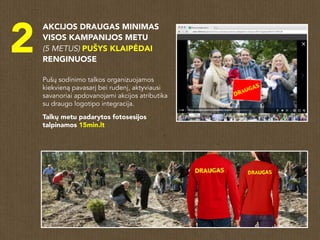 2
AKCIJOS DRAUGAS MINIMAS
VISOS KAMPANIJOS METU
(5 METUS) PUŠYS KLAIPĖDAI
RENGINUOSE
Pušų sodinimo talkos organizuojamos
kiekvieną pavasarį bei rudenį, aktyviausi
savanoriai apdovanojami akcijos atributika
su draugo logotipo integracija.
Talkų metu padarytos fotosesijos
talpinamos 15min.lt
 