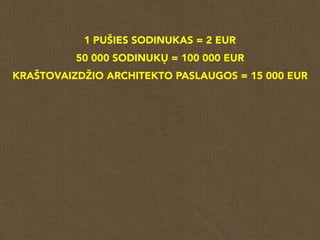1 PUŠIES SODINUKAS = 2 EUR
50 000 SODINUKŲ = 100 000 EUR
KRAŠTOVAIZDŽIO ARCHITEKTO PASLAUGOS = 15 000 EUR
 