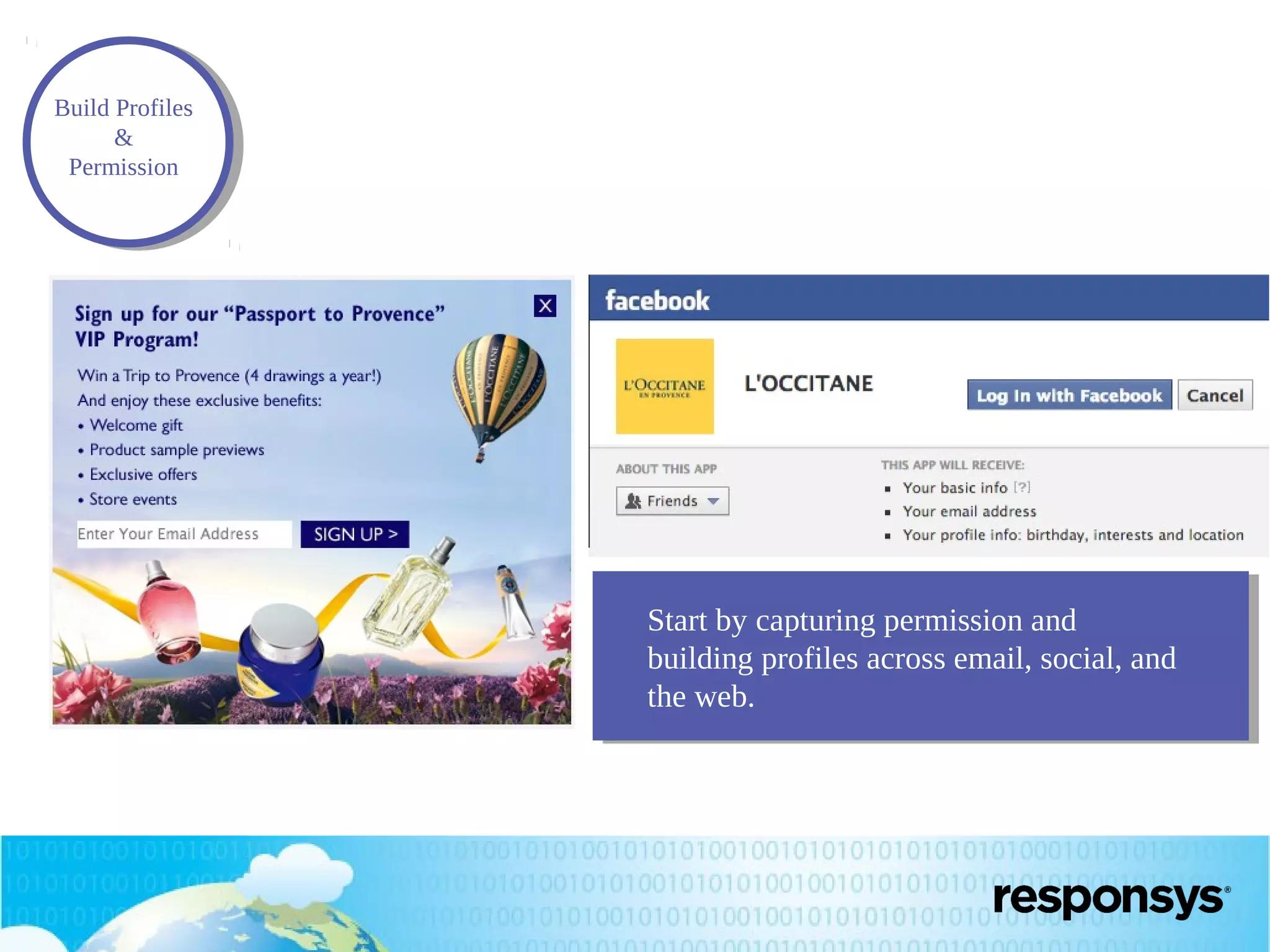 Build Profiles
&
Permission

Start by capturing permission and
building profiles across email, social, and
the web.

 