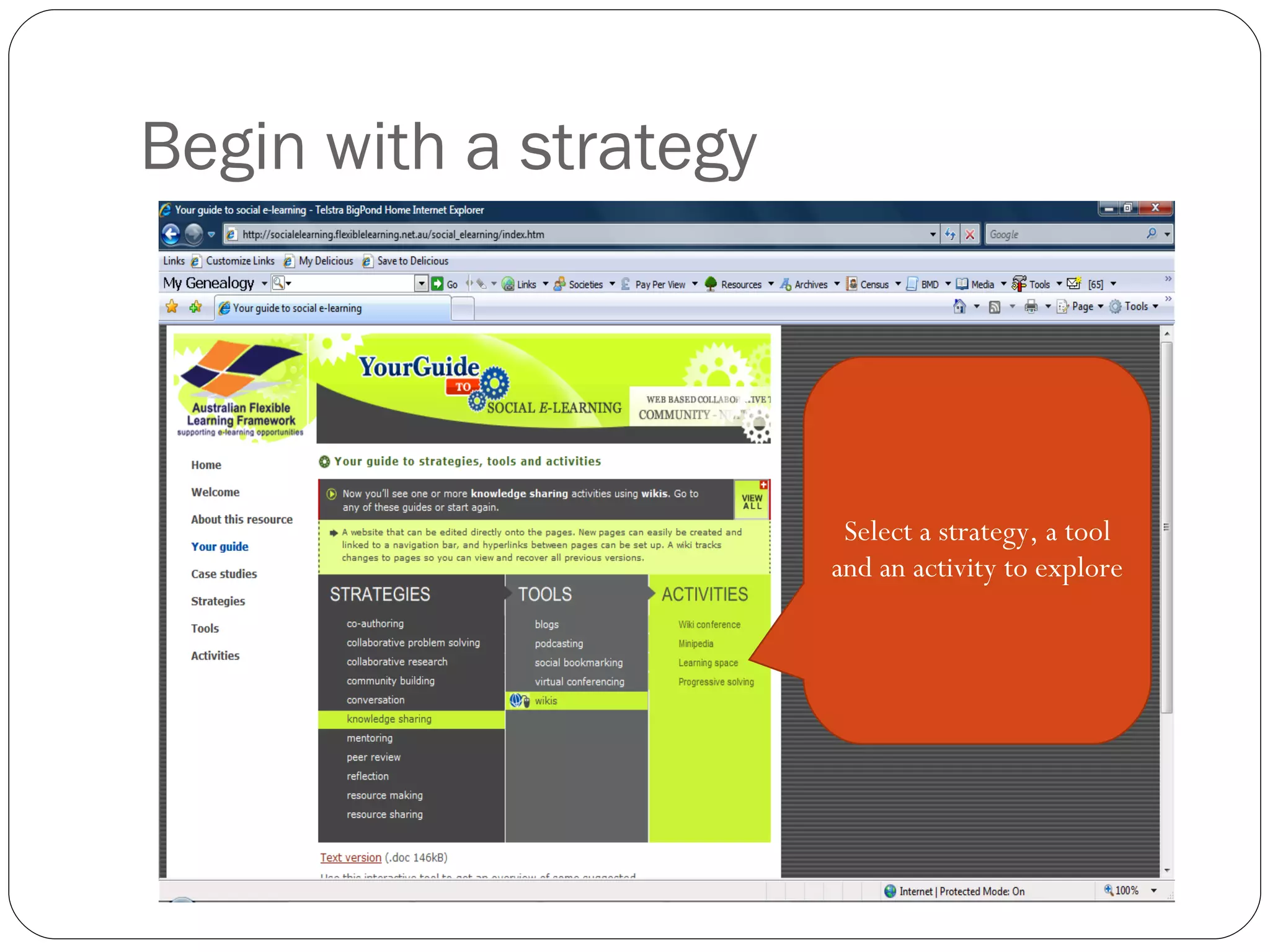 Begin with a strategy Select a strategy, a tool and an activity to explore 