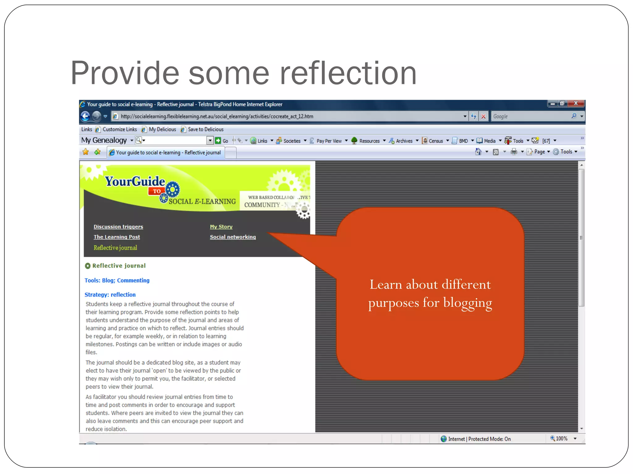 Provide some reflection Learn about different purposes for blogging 