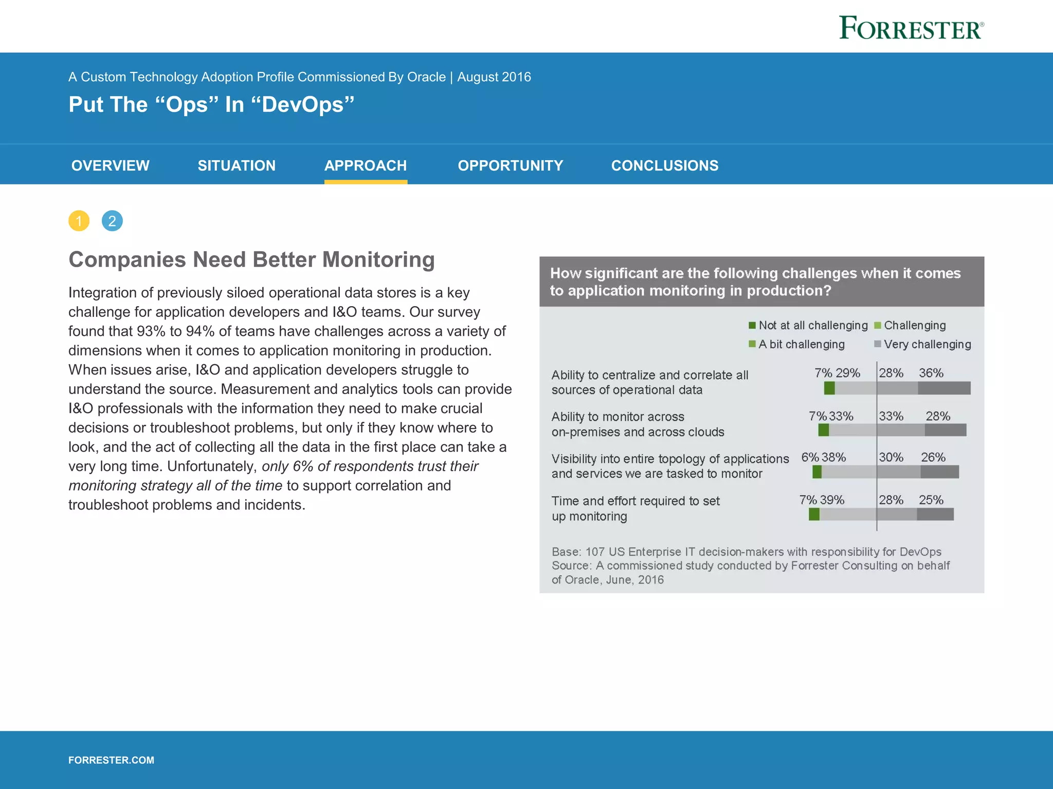 FORRESTER.COM
OVERVIEW SITUATION APPROACH OPPORTUNITY CONCLUSIONS
Companies Need Better Monitoring
Integration of previously siloed operational data stores is a key
challenge for application developers and I&O teams. Our survey
found that 93% to 94% of teams have challenges across a variety of
dimensions when it comes to application monitoring in production.
When issues arise, I&O and application developers struggle to
understand the source. Measurement and analytics tools can provide
I&O professionals with the information they need to make crucial
decisions or troubleshoot problems, but only if they know where to
look, and the act of collecting all the data in the first place can take a
very long time. Unfortunately, only 6% of respondents trust their
monitoring strategy all of the time to support correlation and
troubleshoot problems and incidents.
1 2
A Custom Technology Adoption Profile Commissioned By Oracle | August 2016
Put The “Ops” In “DevOps”
 