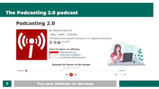 7 Put your Podcast on the Map Sept. 24 , 2021
ᵗʰ
The Podcasting 2.0 podcast
 