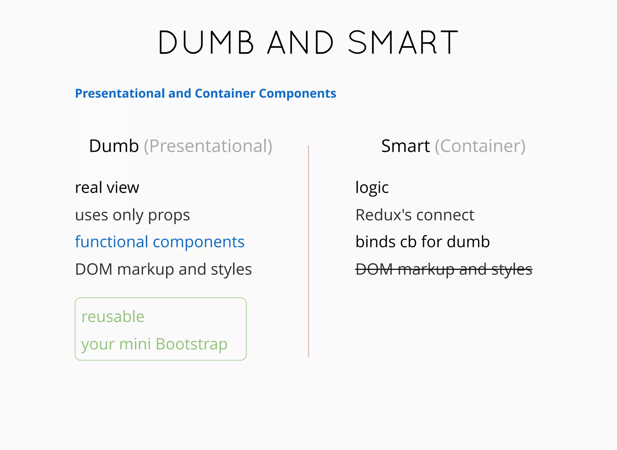DUMB AND SMARTDUMB AND SMART
Dumb (Presentational)
Presentational and Container Components
Smart (Container)
real view
uses only props
DOM markup and styles
functional components
logic
Redux's connect
binds cb for dumb
DOM markup and styles
reusable
your mini Bootstrap
 