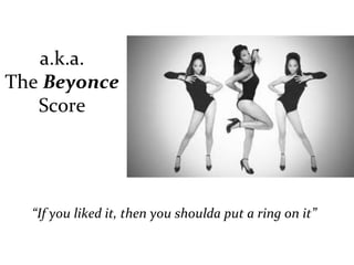  
      a.k.a.	
  
 The	
  Beyonce	
  
     Score	
  
	
  




       	
  
              “If	
  you	
  liked	
  it,	
  then	
  you	
  shoulda	
  put	
  a	
  ring	
  on	
  it”	
  
       	
  
 