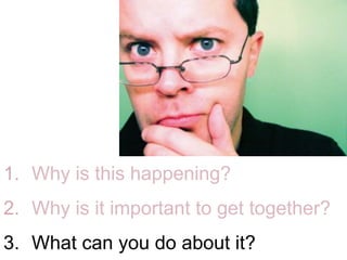 1.  Why is this happening?
2.  Why is it important to get together?
3.  What can you do about it?
 