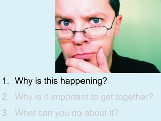 1.  Why is this happening?
2.  Why is it important to get together?
3.  What can you do about it?
 