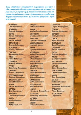 13
АДАМЕНКО
Олег Максимович
АДАМЕНКО
Ярослав Олегович
БОЙКО
Василь Степанович
ВЕКЕРИК
Василь Іванович
ВОЛЬЧЕНКО
Олександр Іванович
ВОРОБЙОВ
Микола Степанович
ГАЛУЩАК
Мар’ян Олексійович
ГІМЕР
Роман Федорович
ГОРБІЙЧУК
Михайло Іванович
ГРУДЗ
Володимир Ярославович
ДАНИЛЮК
Микола Олексійович
ДРОГОМИРЕЦЬКИЙ
Ярослав Миколайович
ЗАМІХОВСЬКИЙ
Леонід Михайлович
ІВАСІВ
Василь Михайлович
КАРПАШ
Олег Михайлович
КАРПЕНКО
Олексій Миколайович
КІСІЛЬ
Ігор Степанович
КОЗАК
Федір Васильович
КОНДРАТ
Роман Михайлович
КОПЕЙ
Богдан Володимирович
КОСТИШИН
Володимир Степанович
КОЦКУЛИЧ
Ярослав Степанович
КРИЖАНІВСЬКИЙ
Євстахій Іванович
КРИЛЬ
Ярослав Антонович
КУЗЬМЕНКО
Едуард Дмитрович
ЛИСКАНИЧ
Михайло Васильович
МАЄВСЬКИЙ
Борис Йосипович
МАНДРИК
Ярослав Іванович
МИСЛЮК
Михайло Андрійович
МОЙСИШИН
Василь Михайлович
МОЙСЄЄНКО
Лідія Анатоліївна
НАВРОЦЬКИЙ
Богдан Іванович
ОРЛОВ
Олександр Олександрович
ПАНЕВНИК
Олександр Васильович
ПЕТРИНА
Юрій Дмитрович
РУДИЙ
Роман Михайлович
СЕМЕНЦОВ
Георгій Никифорович
СЕМЧУК
Ярослав Михайлович
СЕРЕДЮК
Марія Дмитрівна
СИЧОВ
Юрій Сергійович
СКАЛЬСЬКА
Дарія Миколаївна
СТЕПАНЮК
Василь Петрович
ТАРКО
Ярослав Богданович
ТИМКІВ
Дмитро Федорович
ФЕДОРИШИН
Дмитро Дмитрович
ЧЕРНОВ
Борис Олександрович
ЧЕХОВСЬКИЙ
Степан Андрійович
ШКІЦА
Леся Євстахіївна
ШЛАПАК
Любомир Іванович
ЮРЧИШИН
Володимир Миколайович
ЯРЕМІЙЧУК
Роман Семенович
ЯСОВ Віталій
Георгійович
Своє майбутнє університет нерозривно пов’язує з
удосконаленням і подальшим розвитком освіти і на-
уки, на які, в першу чергу, позитивно впливає наша на-
уково-викладацька еліта – доктори наук, професори.
Варто згадати всіх тих, які сьогодні працюють в уні-
верситеті.
 