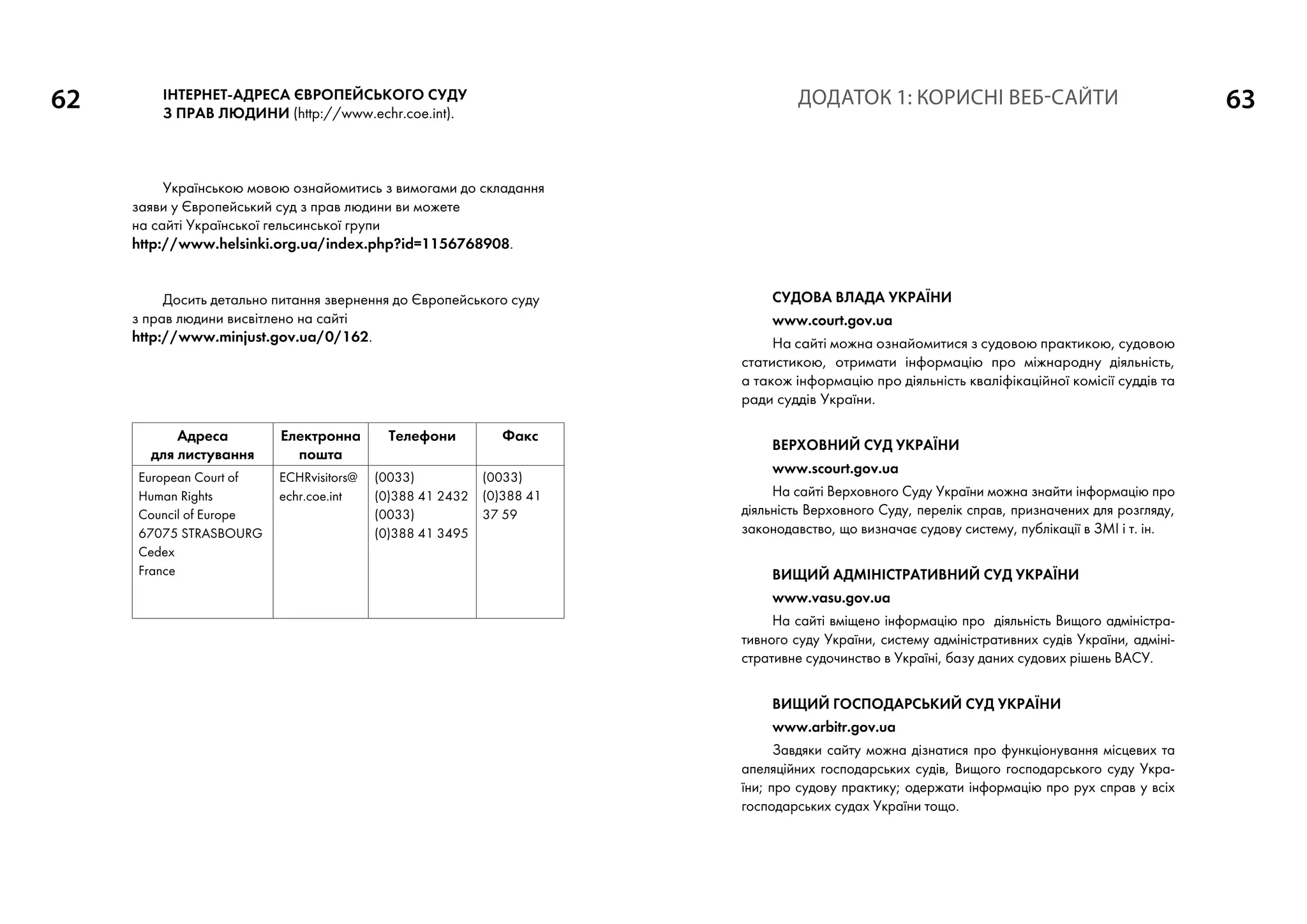 62 63Інтернет-адреса Європейського суду
з прав людини (http://www.echr.coe.int).
Українською мовою ознайомитись з вимогами до складання
заяви у Європейський суд з прав людини ви можете
на сайті Ук­ра­їнської гельсинської групи
http://www.helsinki.org.ua/index.php?id=1156768908.
Досить детально питання звернення до Європейського суду
з прав людини висвітлено на сайті
http://www.minjust.gov.ua/0/162.
Адреса
для листування
Електронна
пошта
Телефони Факс
European Court of
Human Rights
Council of Europe
67075 STRASBOURG
Cedex
France
ECHRvisitors@
echr.coe.int
(0033)
(0)388 41 2432
(0033)
(0)388 41 3495
(0033)
(0)388 41
37 59
Судова влада України
www.court.gov.ua
На сайті можна ознайомитися з судовою практикою, судовою
статистикою, отримати інформацію про міжнародну діяльність,
а також інформацію про діяльність кваліфікаційної комісії суддів та
ради суддів України.
Верховний Суд України
www.scourt.gov.ua
На сайті Верховного Суду України можна знайти інформацію про
діяльність Верховного Суду, перелік справ, призначених для розгляду,
законодавство, що визначає судову систему, публікації в ЗМІ і т. ін.
Вищий адміністративний суд України
www.vasu.gov.ua
На сайті вміщено інформацію про діяльність Вищого адміністра-
тивного суду України, систему адміністративних судів України, адміні-
стративне судочинство в Україні, базу даних судових рішень ВАСУ.
Вищий господарський суд України
www.arbitr.gov.ua
Завдяки сайту можна дізнатися про функціонування місцевих та
апеляційних господарських судів, Вищого господарського суду Укра-
їни; про судову практику; одержати інформацію про рух справ у всіх
господарських судах України тощо.
Додаток 1: корисні веб-сайти
 