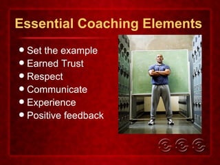 Essential Coaching Elements Set the example Earned Trust Respect Communicate Experience Positive feedback 
