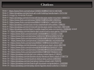 Citations
Slide1: https://www.ﬂickr.com/photos/134925185@N07/33151467026/
Slide 2: https://pixabay.com/en/rock-art-craft-holding-hands-team-1573133/
Slide 3: Image by Amanda Putnam
Slide 4: https://pixabay.com/en/minecraft-landscape-water-mountain-1889477/
Slide 5: https://www.ﬂickr.com/photos/16956705@N05/26812900552
Slide 6: https://www.ﬂickr.com/photos/99843102@N05/11465320196/
Slide 7: https://pixabay.com/en/uss-nimitz-basketball-silhouettes-108622/
Slide 8: https://pixabay.com/en/minecraft-landscape-water-mountain-1887226/
Slide 9: https://pixabay.com/en/team-huddle-togetherness-connection-1928848/ slide9
Slide 10: https://pixabay.com/en/darts-dart-board-bull-s-eye-game-102919/
Slide 11: https://www.ﬂickr.com/photos/61359566@N07/15233211758/
Slide 12: https://www.ﬂickr.com/photos/143842337@N03/32665797872/
Slide 13: https://www.ﬂickr.com/photos/55269648@N04/23976653643/
Slide 14 : https://www.ﬂickr.com/photos/125626500@N08/14524092459/
Slide 15: https://www.ﬂickr.com/photos/90692748@N04/32339833124/
Slide 16: https://pixabay.com/en/people-crowd-group-team-dock-690105/
Slide 17: https://www.ﬂickr.com/photos/46383895@N00/30400371706/
Slide 18: https://www.ﬂickr.com/photos/73084860@N00/30432648956/
Slide 19: https://www.ﬂickr.com/photos/54080376@N08/7955623134/
Slide 20: https://pixabay.com/en/art-iron-statue-metal-ﬁgure-2136347/
Slide 21: https://pixabay.com/en/books-study-literature-learn-stack-2158773/
Slide 22: https://pixabay.com/en/justice-statue-lady-justice-2060093/
Slide 23: https://pixabay.com/en/narrative-history-dream-tell-794978/
Slide 24: https://pixabay.com/en/hand-gift-bouquet-congratulation-1549399/
Slide 25: https://pixabay.com/en/play-stone-ﬁgures-wood-colorful-1743301/
 