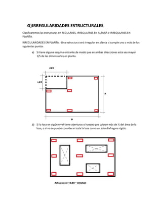 G)IRREGULARIDADES ESTRUCTURALES
Clasificaremos las estructuras en REGULARES, IRREGULARES EN ALTURA e IRREGULARES EN
PLANTA.
IRREGULARIDADES EN PLANTA.- Una estructura será irregular en planta si cumple uno o más de los
siguientes puntos
a) Si tiene alguna esquina entrante de modo que en ambas direcciones esta sea mayor
1/5 de las dimensiones en planta.
b) Si la losa en algún nivel tiene aberturas o huecos que cubran más de ½ del área de la
losa, o si no se puede considerar toda la losa como un solo diafragma rígido.
 
