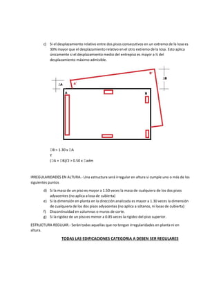c) Si el desplazamiento relativo entre dos pisos consecutivos en un extremo de la losa es
30% mayor que el desplazamiento relativo en el otro extremo de la losa. Esto aplica
únicamente si el desplazamiento medio del entrepiso es mayor a ½ del
desplazamiento máximo admisible.
DB > 1.30 x DA
Y
(DA + DB)/2 > 0.50 x Dadm
IRREGULARIDADES EN ALTURA.- Una estructura será irregular en altura si cumple uno o más de los
siguientes puntos
d) Si la masa de un piso es mayor a 1.50 veces la masa de cualquiera de los dos pisos
adyacentes (no aplica a losa de cubierta)
e) Si la dimensión en planta en la dirección analizada es mayor a 1.30 veces la dimensión
de cualquiera de los dos pisos adyacentes (no aplica a sótanos, ni losas de cubierta)
f) Discontinuidad en columnas o muros de corte.
g) Si la rigidez de un piso es menor a 0.85 veces la rigidez del piso superior.
ESTRUCTURA REGULAR.- Serán todas aquellas que no tengan irregularidades en planta ni en
altura.
TODAS LAS EDIFICACIONES CATEGORIA A DEBEN SER REGULARES
 