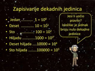 Zapisivanje dekadnih jedinica
• Jedan ........... 1 = 100
• Deset ............ 10 = 101
• Sto ............. 100 = 102
• Hiljadu ............1000 = 103
• Deset hiljada ....10000 = 104
• Sto hiljada ........100000 = 105
Jesi li uočio
pravilo?
Izložilac je jednak
broju nula dekadne
jedinice.
 