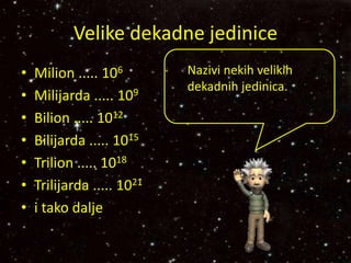 Velike dekadne jedinice
• Milion ..... 106
• Milijarda ..... 109
• Bilion ..... 1012
• Bilijarda ..... 1015
• Trilion ..... 1018
• Trilijarda ..... 1021
• i tako dalje
Nazivi nekih velikih
dekadnih jedinica.
 
