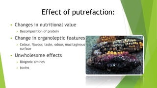 Effect of putrefaction:
 Changes in nutritional value
 Decomposition of protein
 Change in organoleptic features
 Colour, flavour, taste, odour, mucilaginous
surface
 Unwholesome effects
 Biogenic amines
 toxins
 
