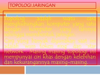 TOPOLOGI JARINGAN


Topologi    adalah     suatu     cara
menghubungkan komputer yang satu
dengan komputer yang lainnya
sehingga membentuk jaringan.
Cara yang banyak digunakan saat ini
adalah “wuss token ring” dan “star
network”. Masing masing topologi ini
mempunyai ciri khas dengan kelebihan
dan kekurangannya masing-masing.
 