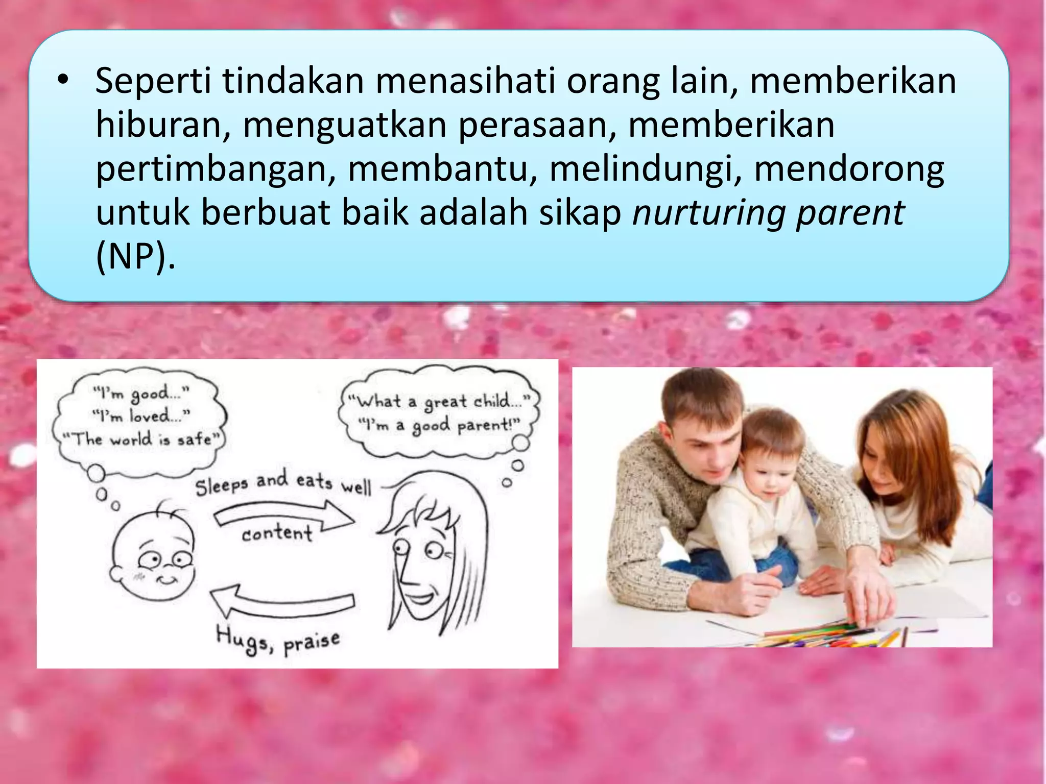 • Seperti tindakan menasihati orang lain, memberikan
hiburan, menguatkan perasaan, memberikan
pertimbangan, membantu, melindungi, mendorong
untuk berbuat baik adalah sikap nurturing parent
(NP).
 