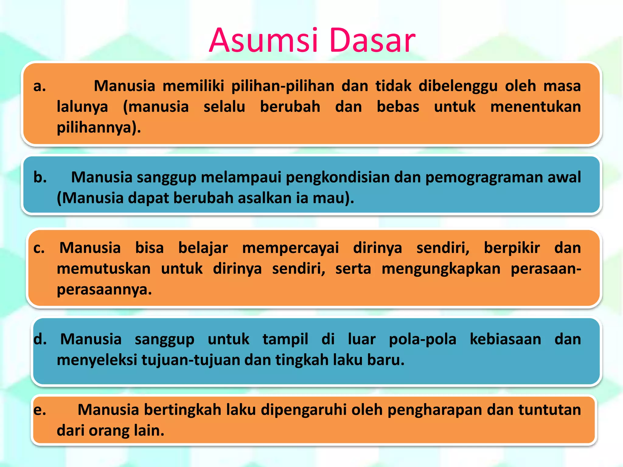 Asumsi Dasar
a. Manusia memiliki pilihan-pilihan dan tidak dibelenggu oleh masa
lalunya (manusia selalu berubah dan bebas untuk menentukan
pilihannya).
b. Manusia sanggup melampaui pengkondisian dan pemogragraman awal
(Manusia dapat berubah asalkan ia mau).
c. Manusia bisa belajar mempercayai dirinya sendiri, berpikir dan
memutuskan untuk dirinya sendiri, serta mengungkapkan perasaan-
perasaannya.
d. Manusia sanggup untuk tampil di luar pola-pola kebiasaan dan
menyeleksi tujuan-tujuan dan tingkah laku baru.
e. Manusia bertingkah laku dipengaruhi oleh pengharapan dan tuntutan
dari orang lain.
 