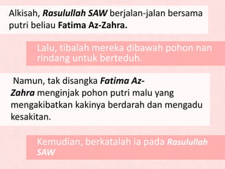 Alkisah, Rasulullah SAW berjalan-jalan bersama
putri beliau Fatima Az-Zahra.
Lalu, tibalah mereka dibawah pohon nan
rindang untuk berteduh.
Namun, tak disangka Fatima Az-
Zahra menginjak pohon putri malu yang
mengakibatkan kakinya berdarah dan mengadu
kesakitan.
Kemudian, berkatalah ia pada Rasulullah
SAW
 