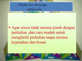 Manfaat dari alat peraga
segitiga ceria
 Agar siswa tidak merasa jenuh dengan
perkalian ,dan cara mudah untuk
menghafal perkalian tanpa merasa
kejenuhan dan bosan
 