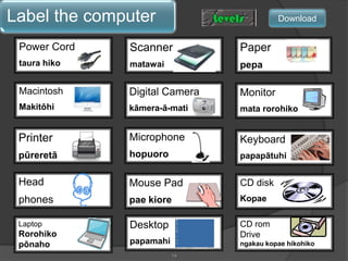 14DownloadScannermatawaiPaperpepaPower CordtaurahikoDigital Camerakāmera-ā-matiMacintosh MakitōhiMonitor mata rorohikoPrinterpūreretā MicrophonehopuoroKeyboard papapātuhiHeadphonesMouse Padpae kioreCD disk KopaeDesktoppapamahiCD romDrivengakaukopaehikohikoLaptopRorohikopōnaho