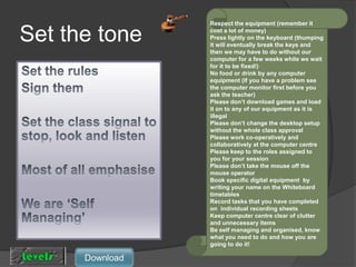 Set the toneSet the rulesSign themSet the class signal to stop, look and listenMost of all emphasiseWe are ‘Self Managing’Respect the equipment (remember it cost a lot of money)Press lightly on the keyboard (thumping it will eventually break the keys and then we may have to do without our computer for a few weeks while we wait for it to be fixed!)No food or drink by any computer equipment (If you have a problem see the computer monitor first before you ask the teacher)Please don’t download games and load it on to any of our equipment as it is illegal Please don’t change the desktop setup without the whole class approvalPlease work co-operatively and collaboratively at the computer centrePlease keep to the roles assigned to you for your session Please don’t take the mouse off the mouse operatorBook specific digital equipment  by writing your name on the Whiteboard timetablesRecord tasks that you have completed on  individual recording sheets Keep computer centre clear of clutter and unnecessary itemsBe self managing and organised, know what you need to do and how you are going to do it!Download