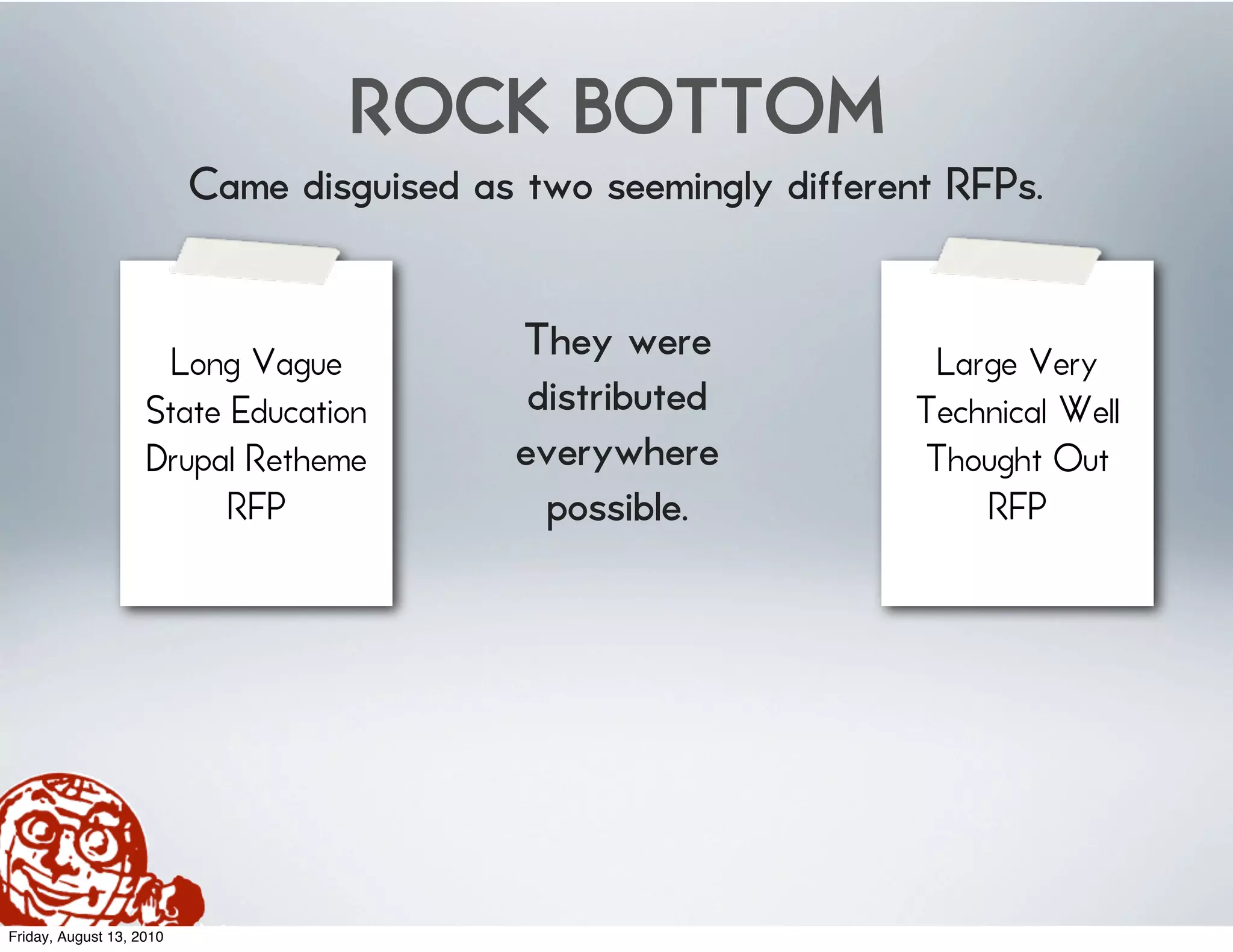 ROCK BOTTOM
                          Came disguised as two seemingly different RFPs.


                      Long Vague           They were              Large Very
                    State Education         distributed          Technical Well
                    Drupal Retheme         everywhere            Thought Out
                          RFP                possible.               RFP




Friday, August 13, 2010
 