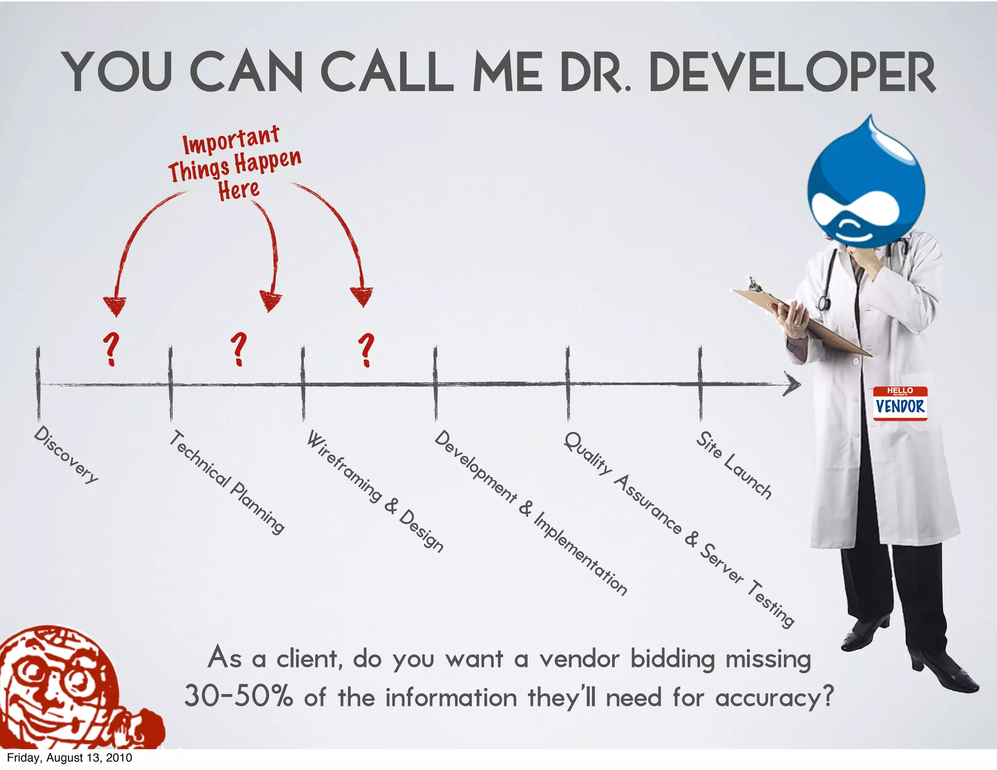 YOU CAN CALL ME DR. DEVELOPER
                                         t
                           Im p o rt a n n
                                        pp e
                          Th i ng s H a
                                 H e re




                      ?             ?                    ?
    Dis                   Te                 W                     De                   Qu                      Sit
          cov               ch                 ire                   ve                    alit                     eL
                ery           nic                 fra                  lop                      yA                     au
                                 al                   min                  me                                             nch
                                    Pla                   g&                 nt                     ssu
                                       nn                                       &                       ran
                                         ing                 De                   Imp                      ce
                                                               sig                    lem                     &
                                                                   n                      en                    Se
                                                                                            tat                     rve
                                                                                                ion                    rT
                                                                                                                           est
                                                                                                                               ing

                             As a client, do you want a vendor bidding missing
                            30-50% of the information they’ll need for accuracy?
Friday, August 13, 2010
 
