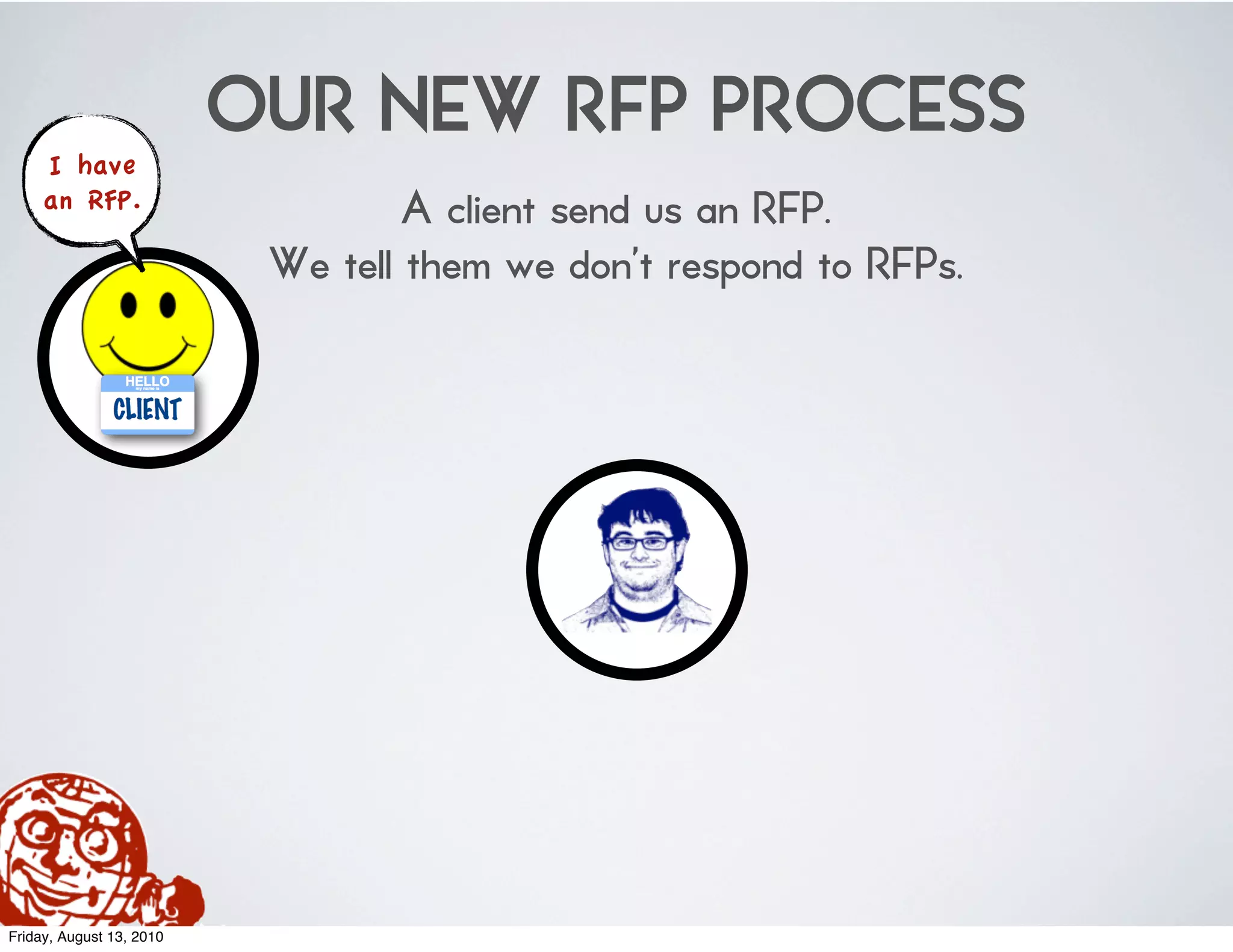 OUR NEW RFP PROCESS
     I have
     an RFP.                       A client send us an RFP.
                           We tell them we don’t respond to RFPs.




Friday, August 13, 2010
 