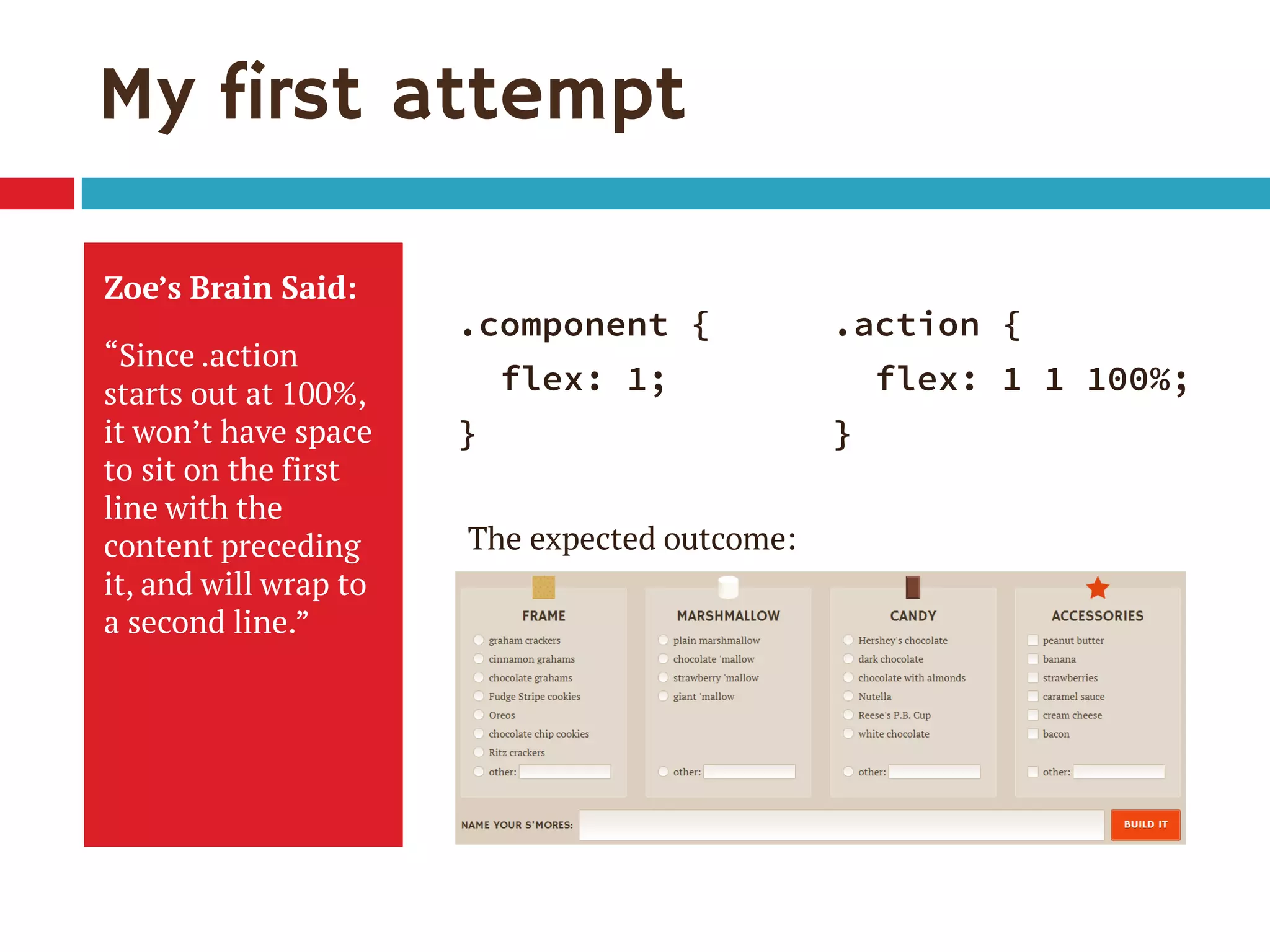 My first attempt
Zoe’s Brain Said:
“Since .action
starts out at 100%,
it won’t have space
to sit on the first
line with the
content preceding
it, and will wrap to
a second line.”
.component {
flex: 1;
}
.action {
flex: 1 1 100%;
}
The expected outcome:
 