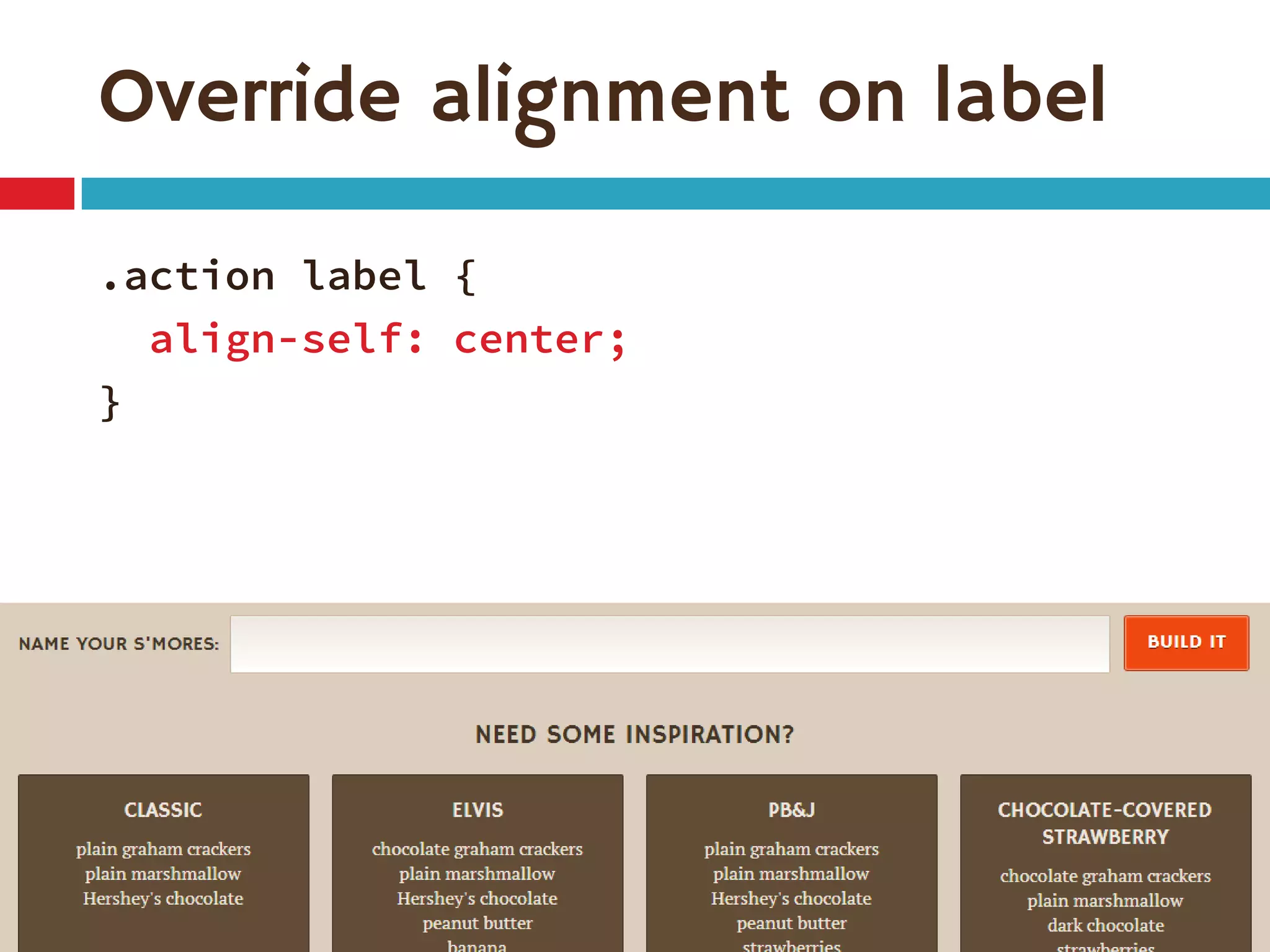 Override alignment on label
.action label {
align-self: center;
}
 