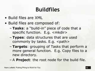 Buildfiles
• Build files are XML
• Build files are composed of:
      – Tasks: a “build-in” piece of code that a
        s...