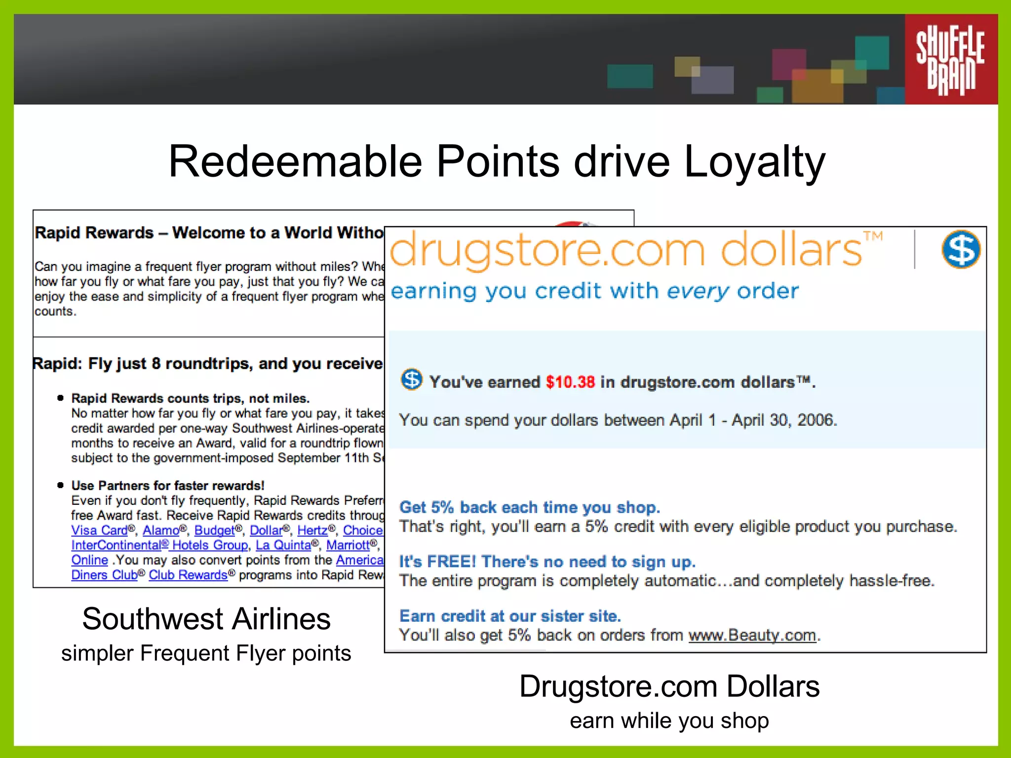 Redeemable Points drive Loyalty Southwest Airlines simpler Frequent Flyer points Drugstore.com Dollars earn while you shop 