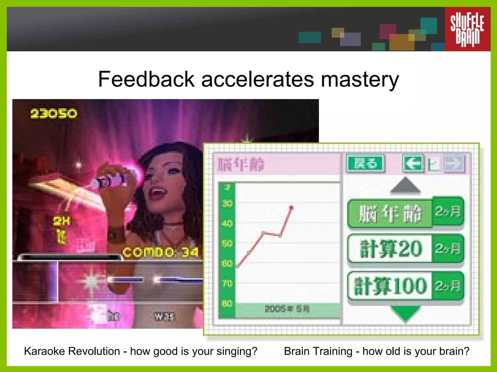 Feedback accelerates mastery Karaoke Revolution - how good is your singing? Brain Training - how old is your brain? 