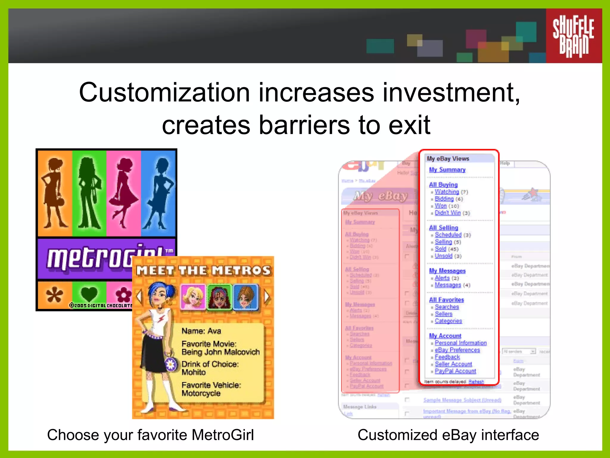 Customization increases investment, creates barriers to exit  Choose your favorite MetroGirl Customized eBay interface 