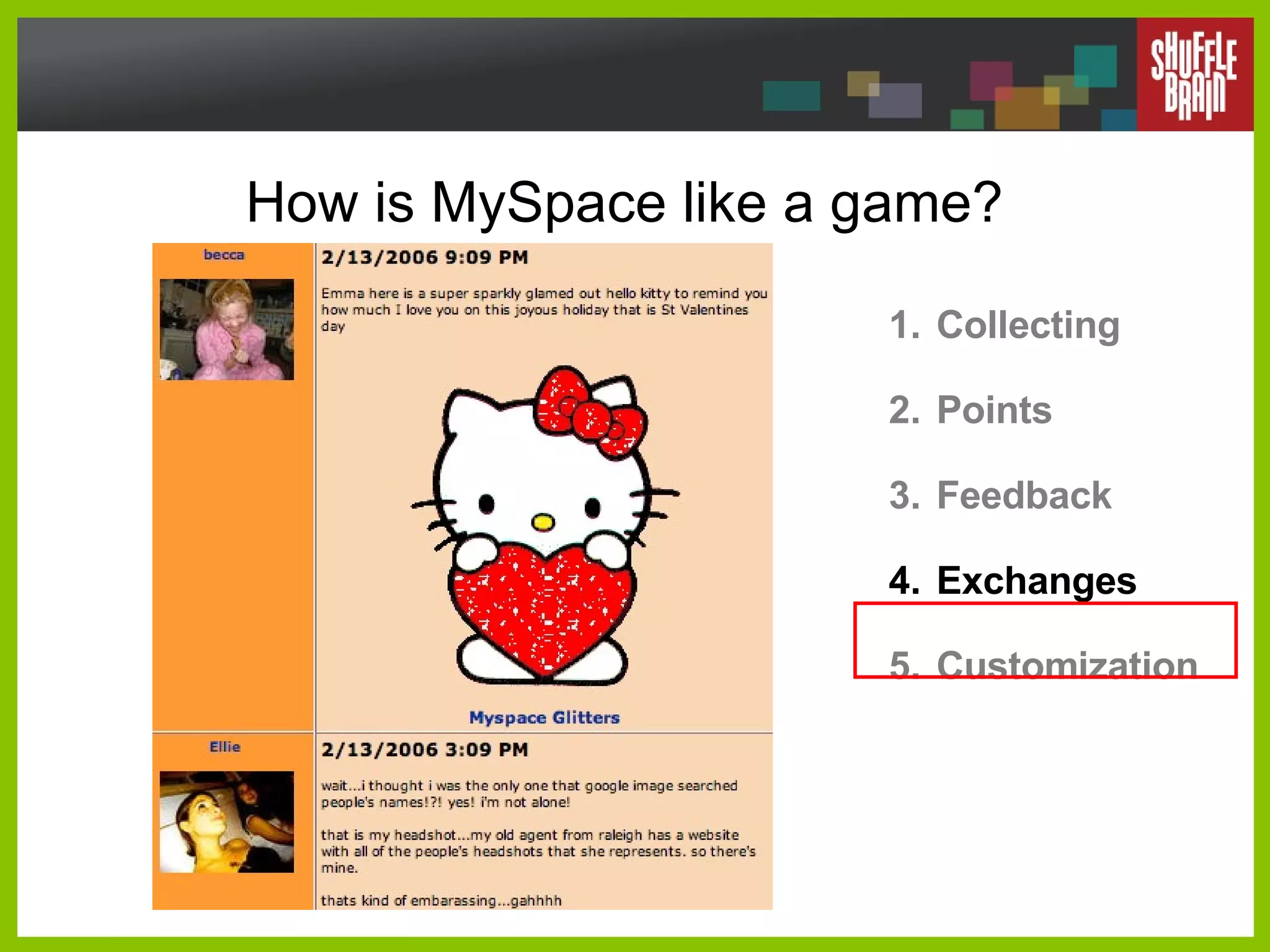 How is MySpace like a game? Collecting Points Feedback Exchanges Customization 