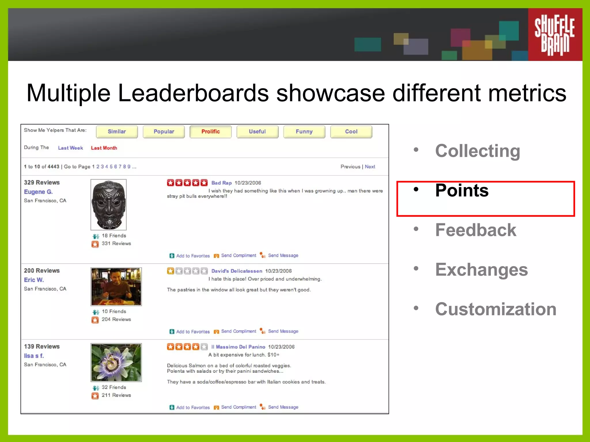 Multiple Leaderboards showcase different metrics Collecting Points Feedback Exchanges Customization 