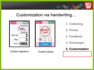 Customization via handwriting… Collecting Points Feedback Exchanges Customization Custom signature Custom stamp 