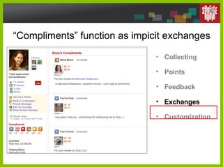 “ Compliments” function as impicit exchanges Collecting Points Feedback Exchanges Customization 